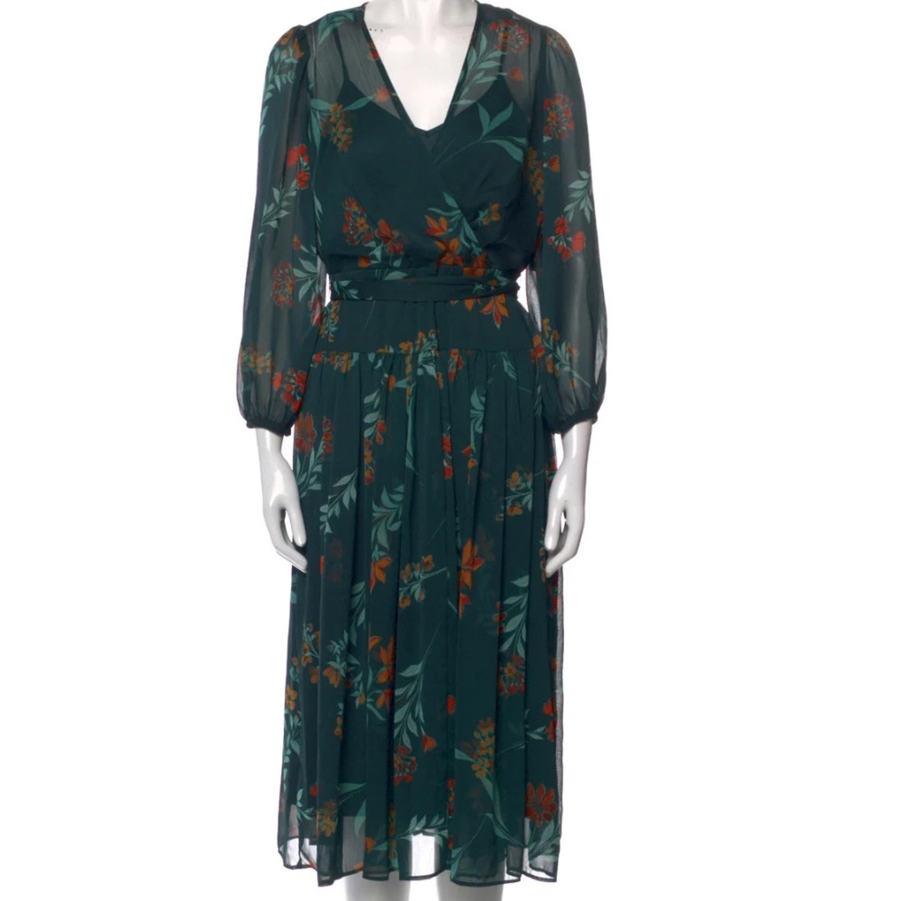 Calvin Klein Floral Green Midi Dress Sheer Sleeves